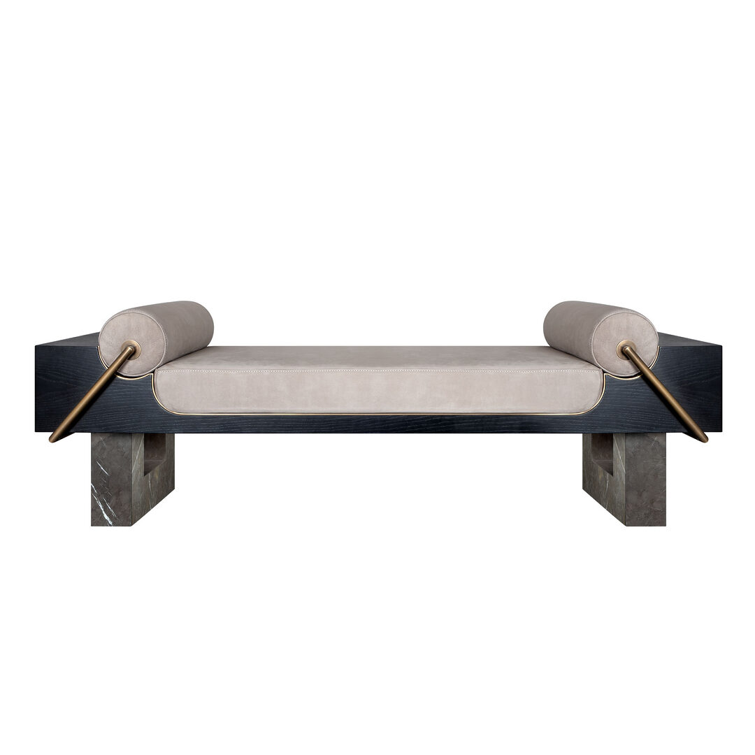 Front view of the kansas bench featuring a structure in grey kenzo marble and black stained ashwood, upholstered in genuine suede, with aged brushed brass detailing.