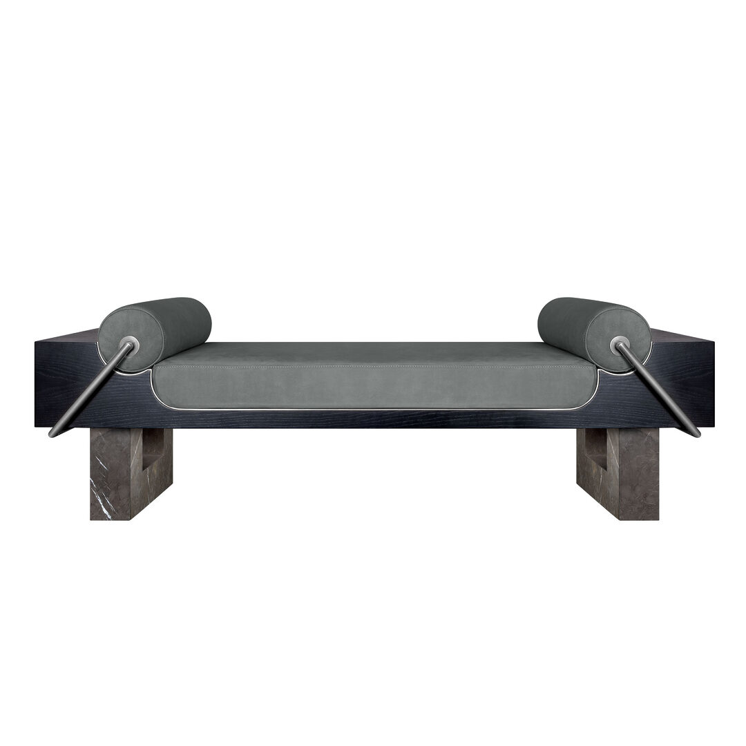 Kansas 3 Front view of the kansas bench featuring a structure in grey kenzo marble and black stained ashwood, upholstered in genuine columbia suede, with brushed silver steel detailing.