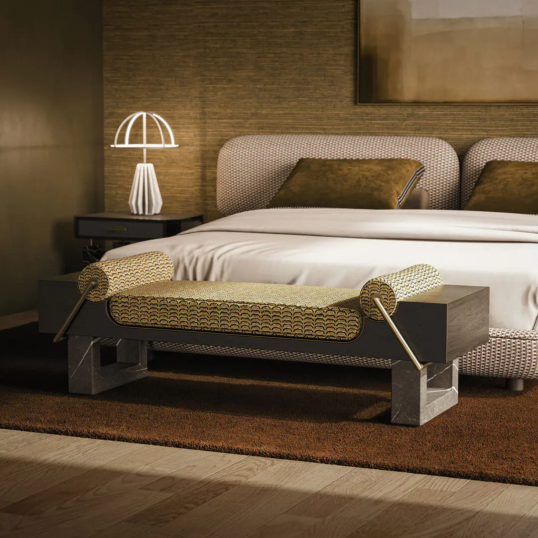Kansas bench with textured green fabric and gray kenso marble in bedroom. Lincoln bedside table and nevada ii table lamp in marble next to newark bed.