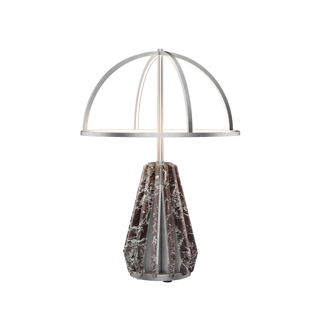 Nevada ii table lamp with a structure in brushed silver steel and rosso levanto marble.
